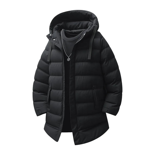 Warm Hooded Cotton Jacket Men's Mid-Length Youthful Autumn Winter Fashionable Bamboo Fiber Polyester Filled Coat for Teens