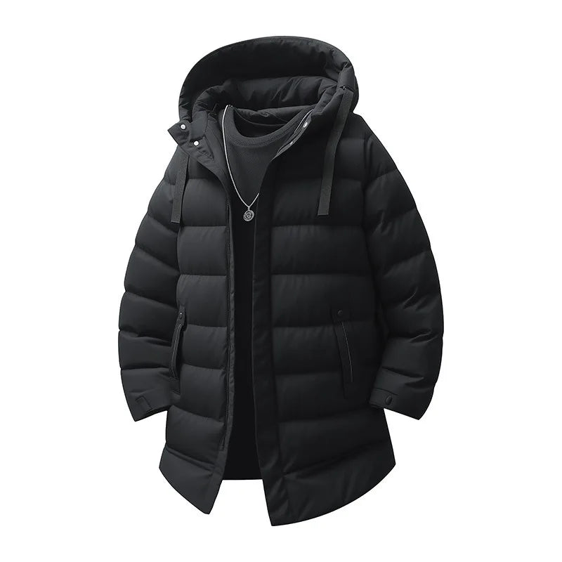 Warm Hooded Cotton Jacket Men's Mid-Length Youthful Autumn Winter Fashionable Bamboo Fiber Polyester Filled Coat for Teens