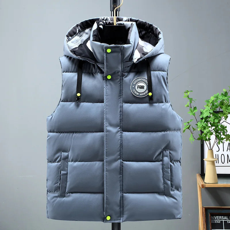 Gilet imbottito da uomo nero in cotone, giacca senza maniche con cappuccio staccabile, caldo invernale, cappotto spesso da uomo, taglia grande 5XL