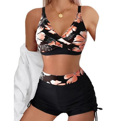 Costume da bagno due pezzi da donna con spalline incrociate, senza schienale, bikini con stampa floreale, vestibilità sportiva aderente, tessuto in poliestere, ideale per nuoto e sport acquatici.