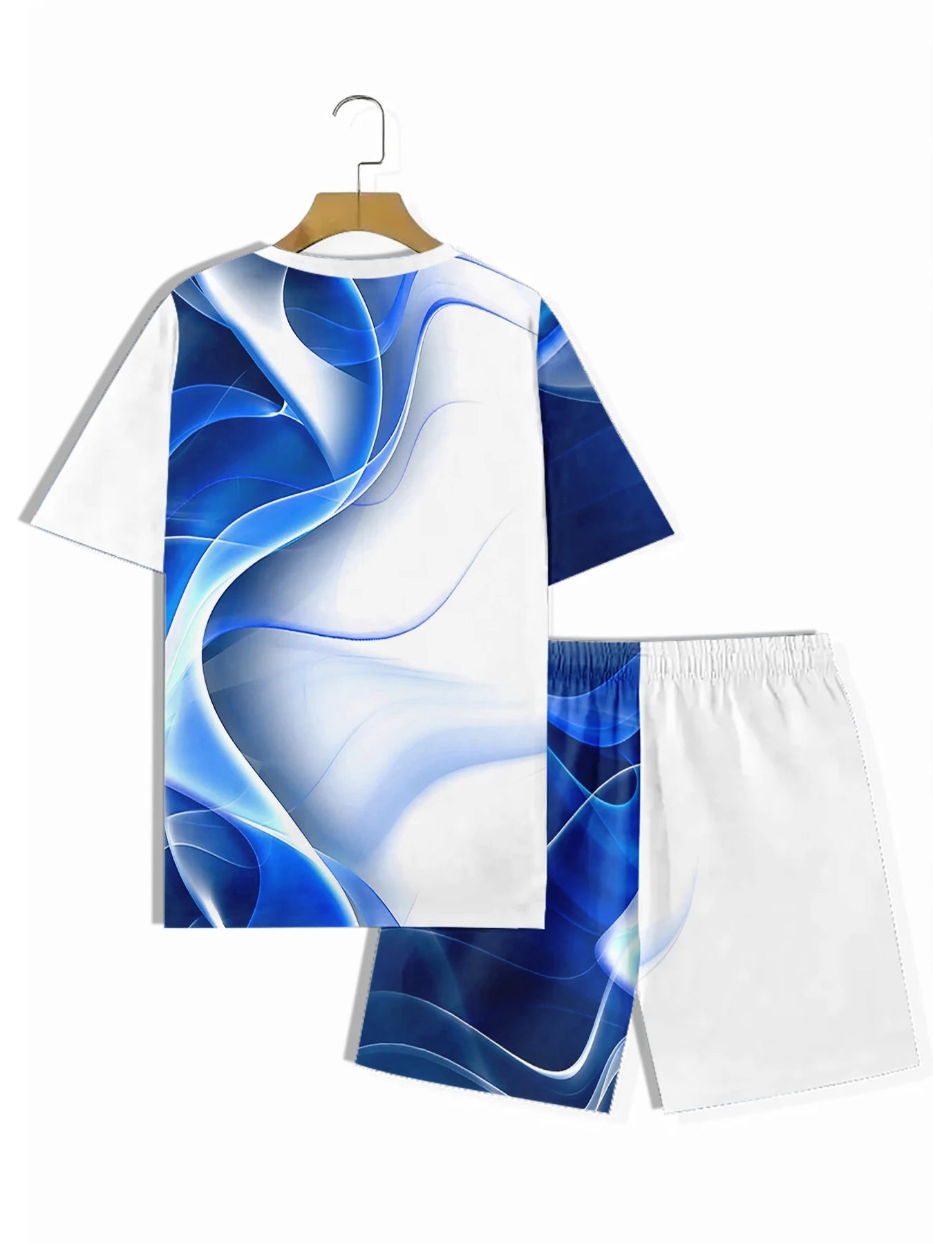Completo versatile per ragazzi, ideale per tutti i giorni: t-shirt e pantaloncini con stampa accattivante blu e bianca, comodo set a due pezzi perfetto per uscire.