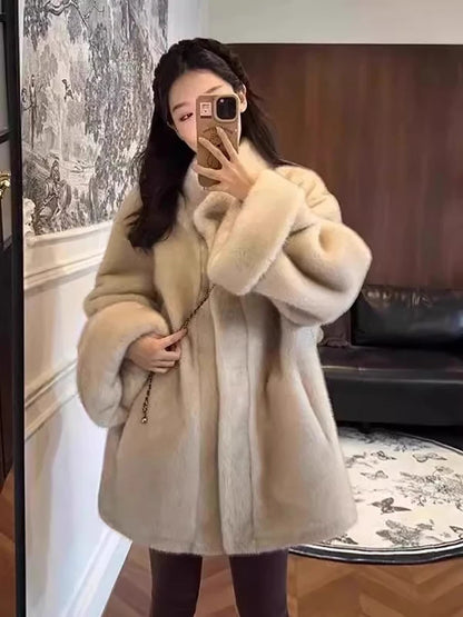 Cappotto in pelliccia di visone lungo e medio da donna in stile coreano, autunno inverno, collo alto, ecologico, tinta unita, spesso, caldo