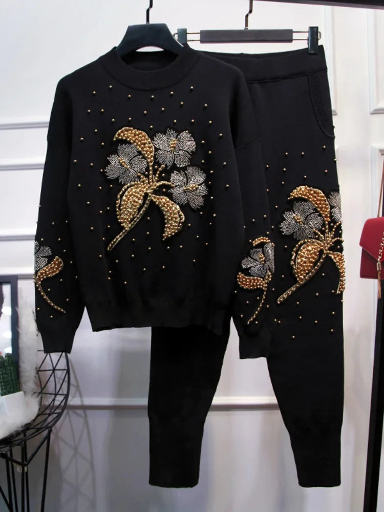 DEAT Completo da donna in due pezzi con perline, maglia a fiori, elastico in vita, pantaloni lunghi, nuova moda primavera estate 2025, completo 11B795