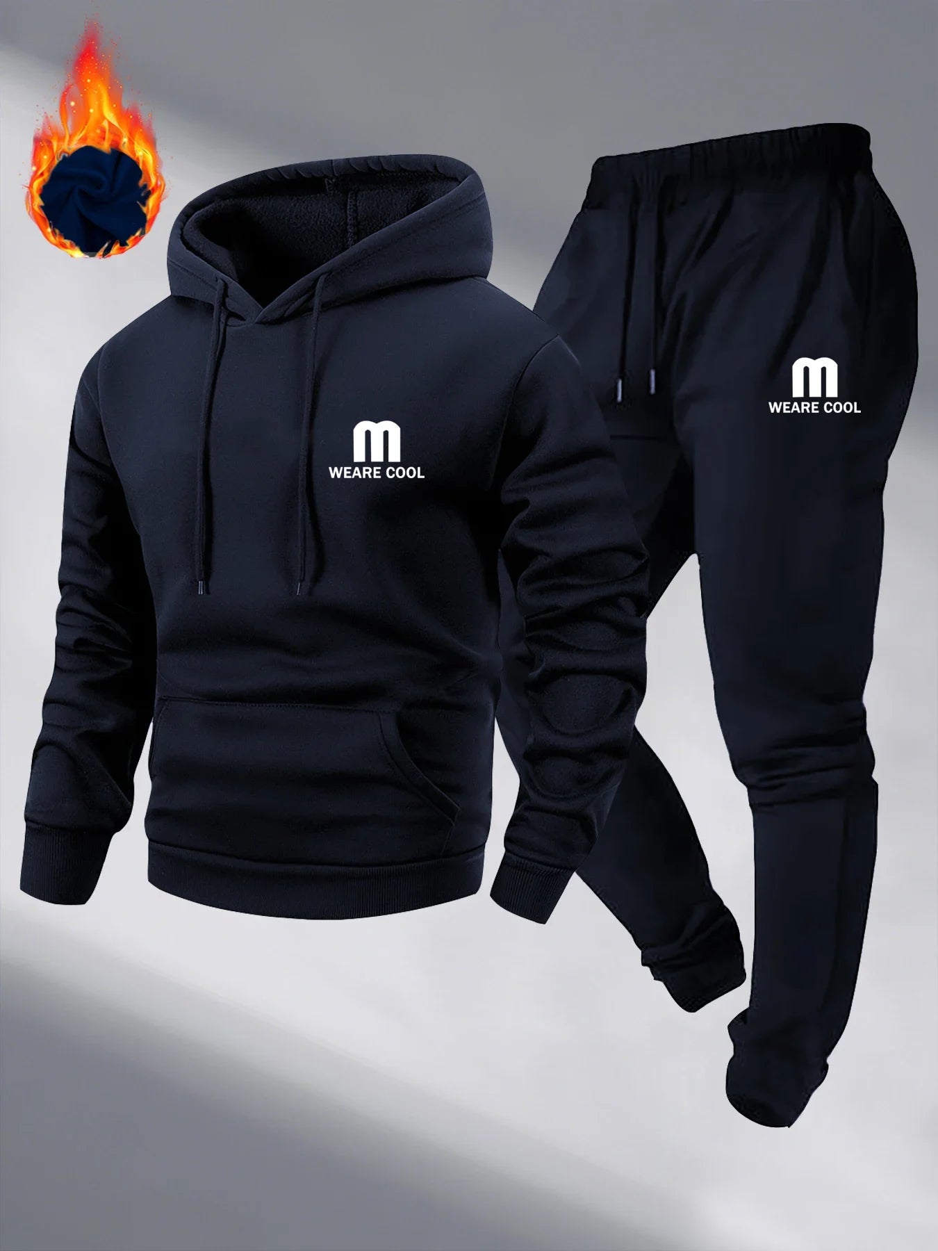 Winter and autumn fleece thickened hooded pullover sweater jacket for men, casual sports outfit, two-piece set for men