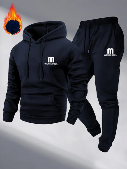 Winter and autumn fleece thickened hooded pullover sweater jacket for men, casual sports outfit, two-piece set for men