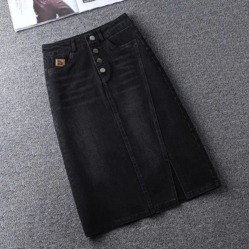 Oversized 5XL Denim Skirt Women's Spring/summer Mid length 2024 New High waisted Elastic Korean A-line Split Casual hip Skirts