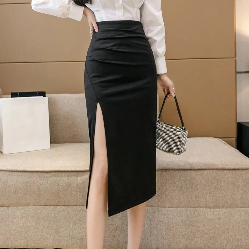 Sexy Mid Length Black Skirts Owmen 2024 Elegant Fashion High Waist Faldas Largas Korean Style Office Ladies Bodycon Summer Skirt