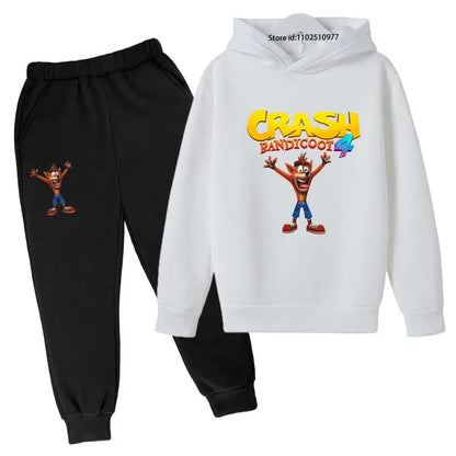 Completo per bambini con felpa con cappuccio e pantaloni a tema Crash Bandicoot, ideale per primavera e autunno, taglie 3-13 anni, abbigliamento casual per bambini e bambine.