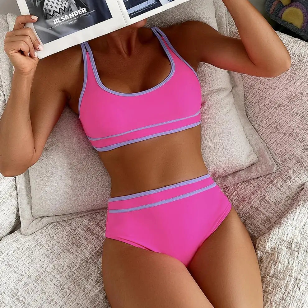 Vintage Hot Pink Patchwork Bikini Set Women Summer Push Up Bra High Waist Swimsuit 2025 Beach Bathing Suit Two Piece Swimwear