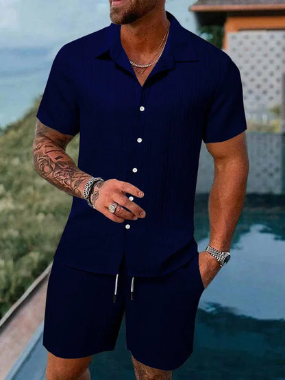 Completo estivo da uomo europeo e americano, casual, ampio, con camicia e pantaloncini, ad asciugatura rapida e traspirante, perfetto per le vacanze.