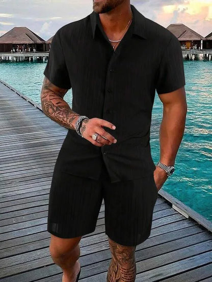 Completo estivo da uomo europeo e americano, casual, ampio, con camicia e pantaloncini, ad asciugatura rapida e traspirante, perfetto per le vacanze.