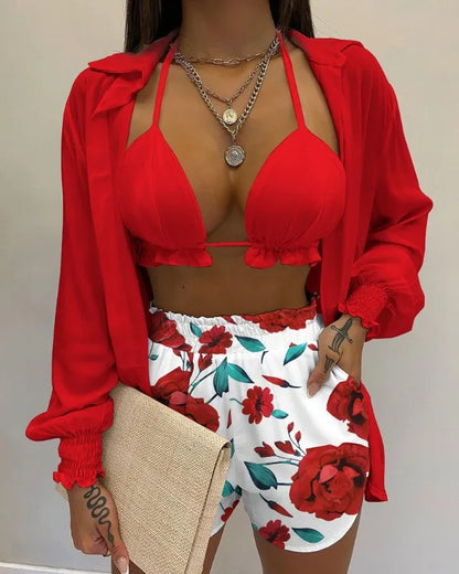 Three Pieces Swimwear Sexy Beachwear 2024 New Bathing Suit Shorts Cover Up Summer High Waist Bikini Set Print Women's Swimsuit