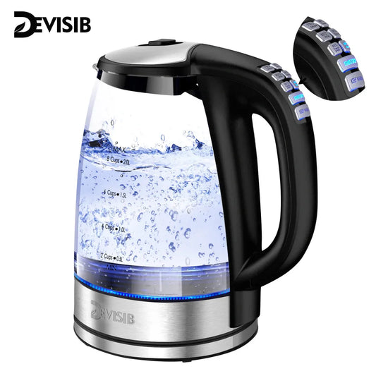 Bollitore elettrico in vetro DEVISIB, 2200W, ebollizione rapida, controllo della temperatura, mantenimento in caldo per 4 ore, 2,0 litri, ideale anche come bollitore per tè e acqua calda.