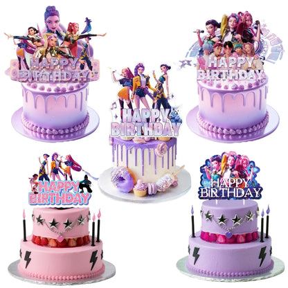 Purple and Pink Laser K-POP Demons Hunters Birthday Party Cake Decorations Birthday Cake Decorations for Girls' Birthday Party