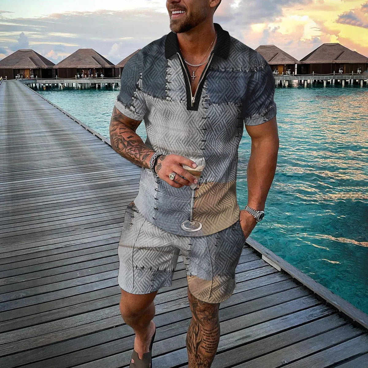 Completo estivo da uomo con stampa 3D, composto da polo con cerniera e pantaloncini, 2 pezzi, stile boho geometrico, abbigliamento per le vacanze.