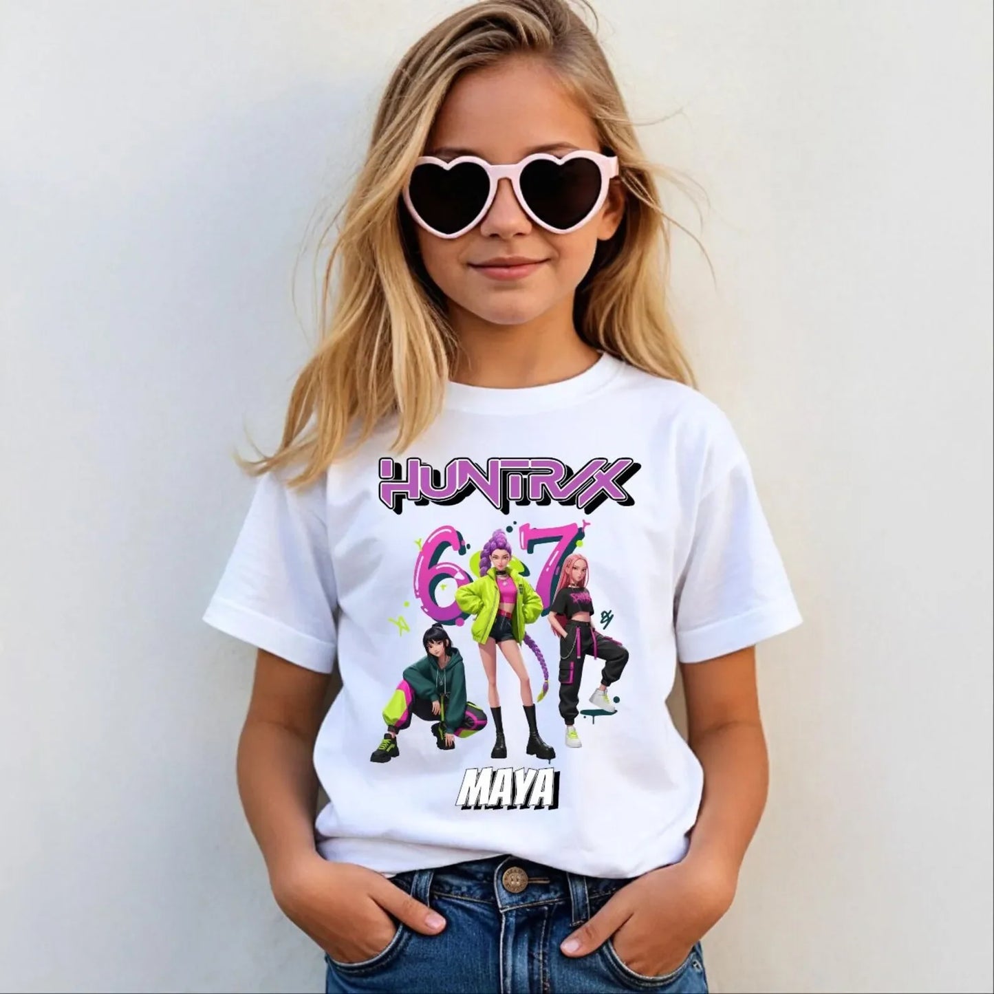 T-shirt per bambini in puro cotone con stampa fronte-retro a tema K-Pop "Demon Hunters" di HUNTRX, un vero successo di vendite.