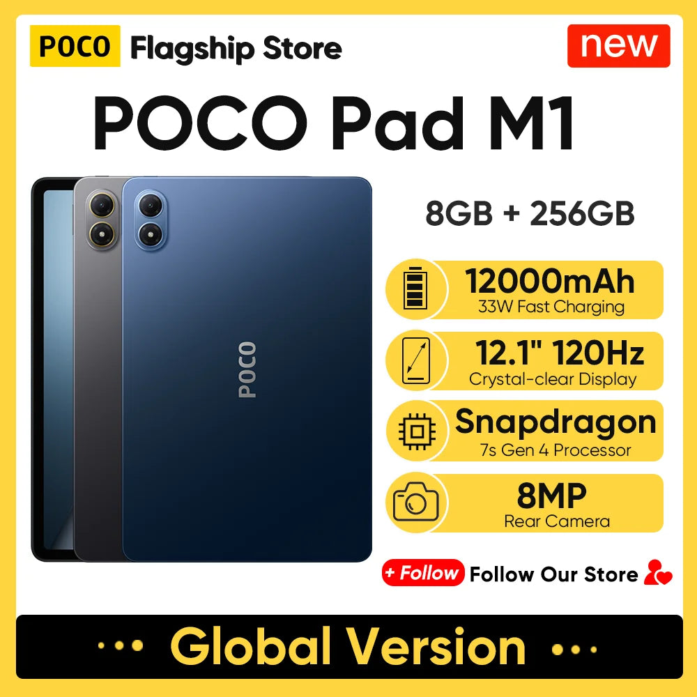 Nuovo tablet POCO Pad M1 versione globale con Snapdragon 7s Gen 4, display da 12,1" a 120Hz con risoluzione 2.5K, batteria da 12000 mAh con ricarica rapida da 33 W, 8 GB di RAM e 256 GB di memoria interna.