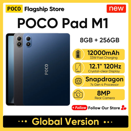 Nuovo tablet POCO Pad M1 versione globale con Snapdragon 7s Gen 4, display da 12,1" a 120Hz con risoluzione 2.5K, batteria da 12000 mAh con ricarica rapida da 33 W, 8 GB di RAM e 256 GB di memoria interna.