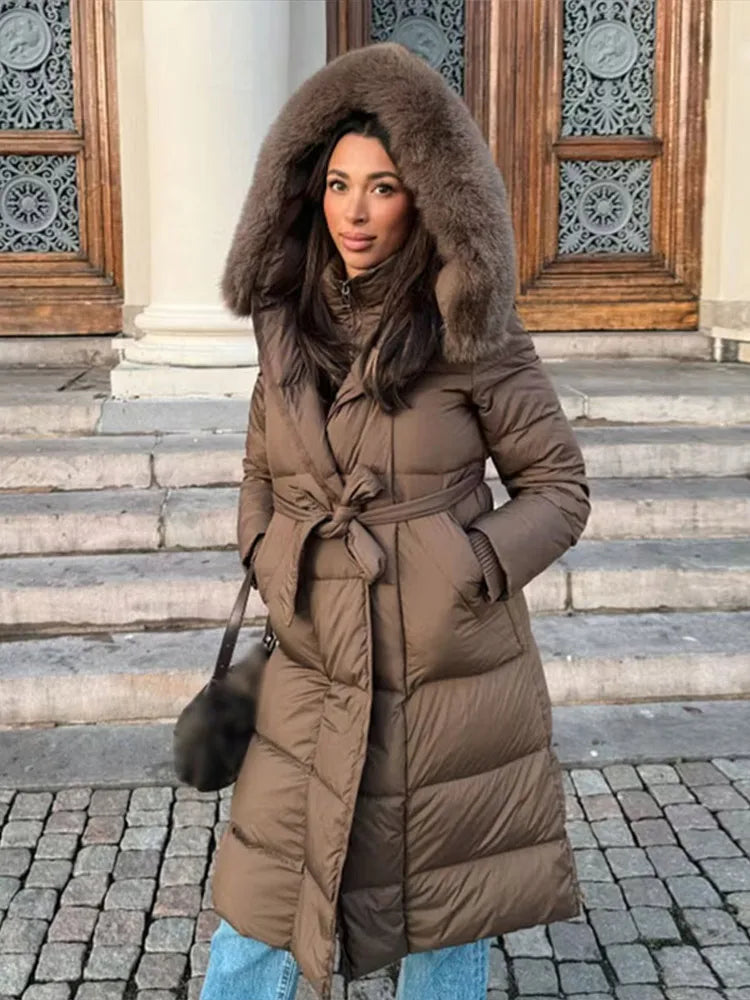 Elegant Fur Collar Hood Belt Long Cotton Jacket Women Zipper Drawstring Waist Parka Down Coat 2025 Winter Lady Warm Chic Outwear