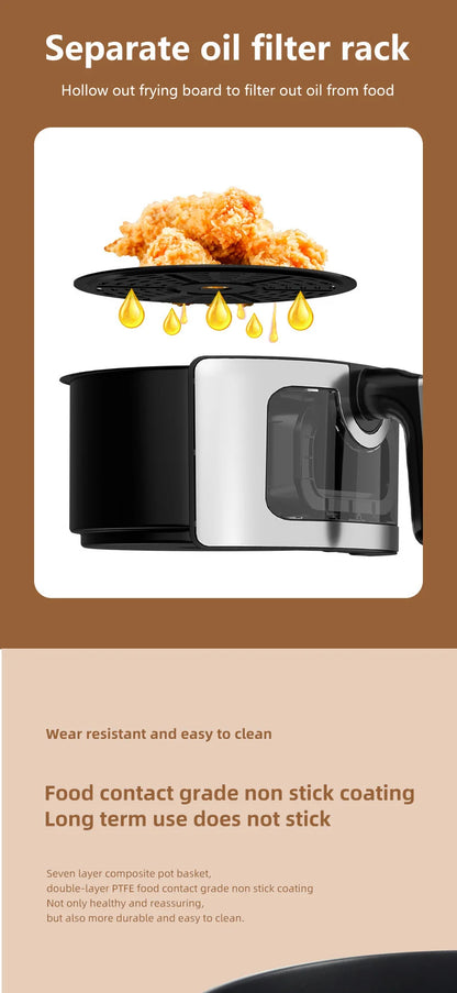 Friggitrice ad aria in acciaio inossidabile da 5 litri, elettrodomestico da cucina elettrico con display LCD e controllo touch screen, senza olio, per casa e hotel