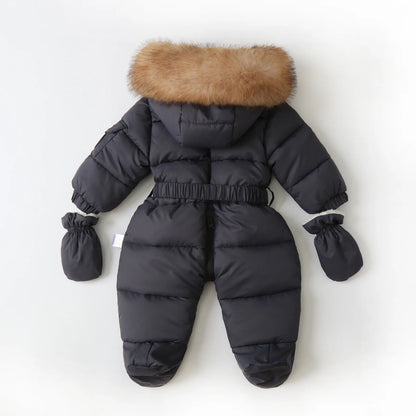 Tutina invernale per neonati, abbigliamento per neonati imbottito, tutina calda in velluto con guanti e cappuccio, tuta da neve per neonati.