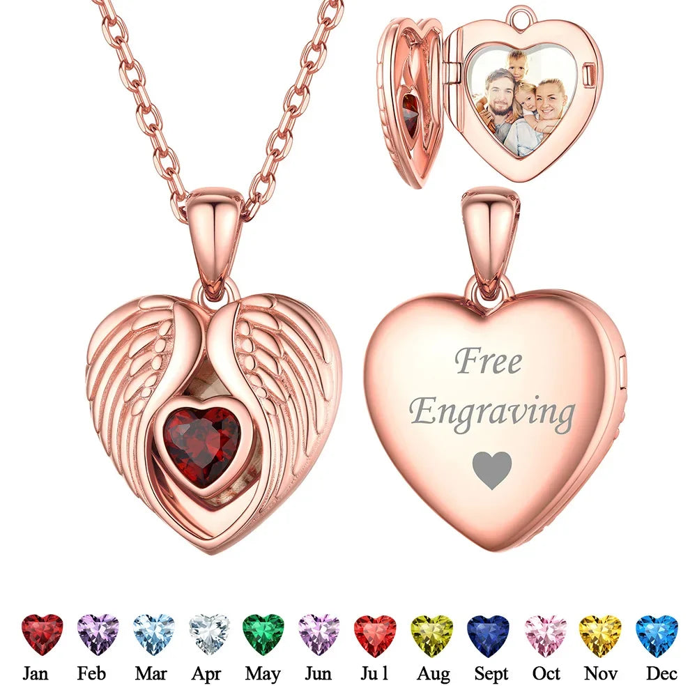 Ciondolo a forma di cuore con ali d'angelo in argento 925 U7 con pietre portafortuna, collana con ciondolo portafoto personalizzato per donna, gioiello commemorativo con foto di famiglia.