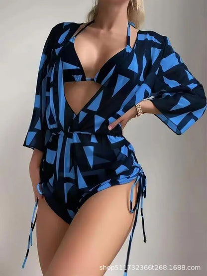 Conservative Leaf Print Bikini Three Piece Set Waist Cinching String Sports Style Beach Swimsuit High Elasticity Polyester