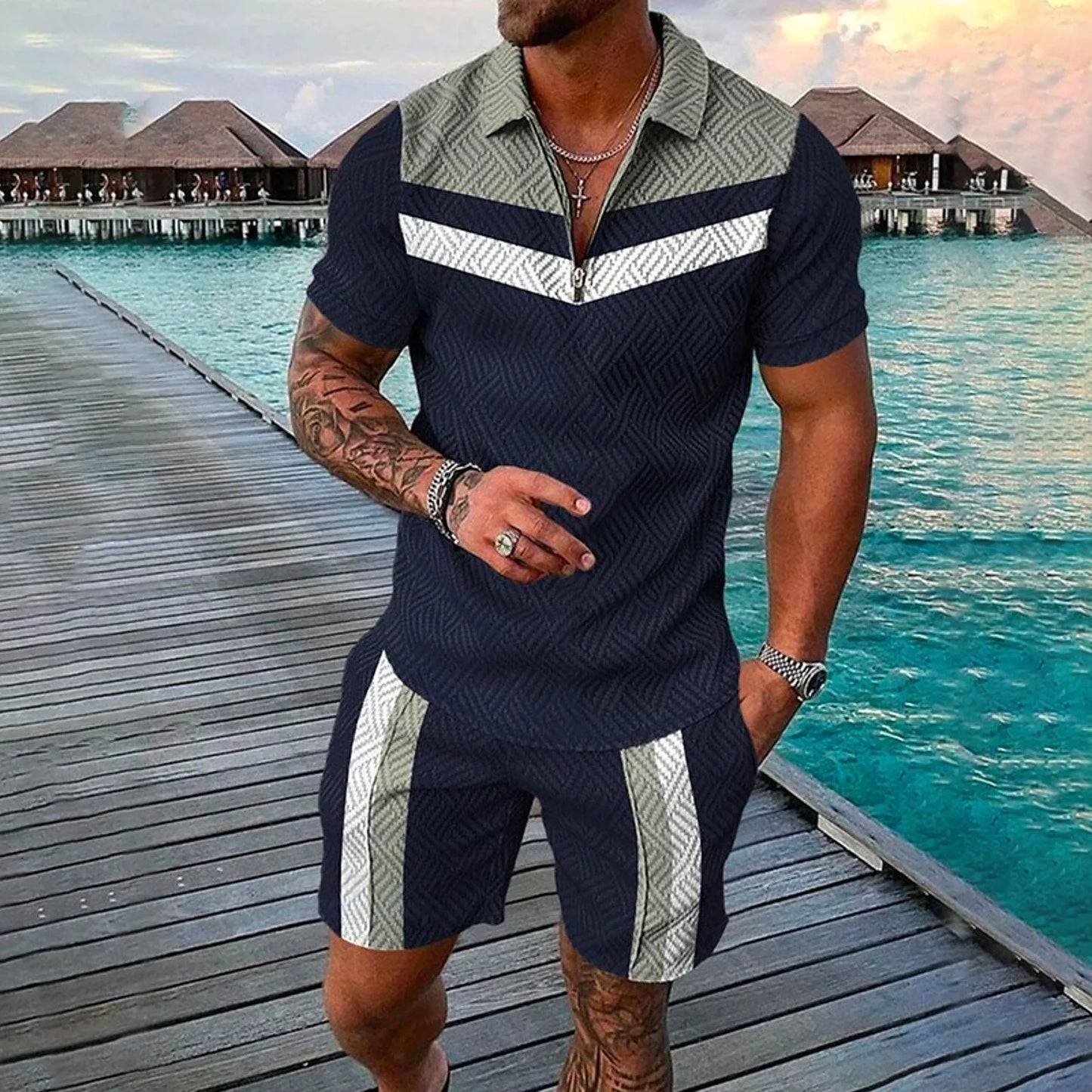 Completo estivo da uomo con stampa 3D, composto da polo con cerniera e pantaloncini, 2 pezzi, stile boho geometrico, abbigliamento per le vacanze.
