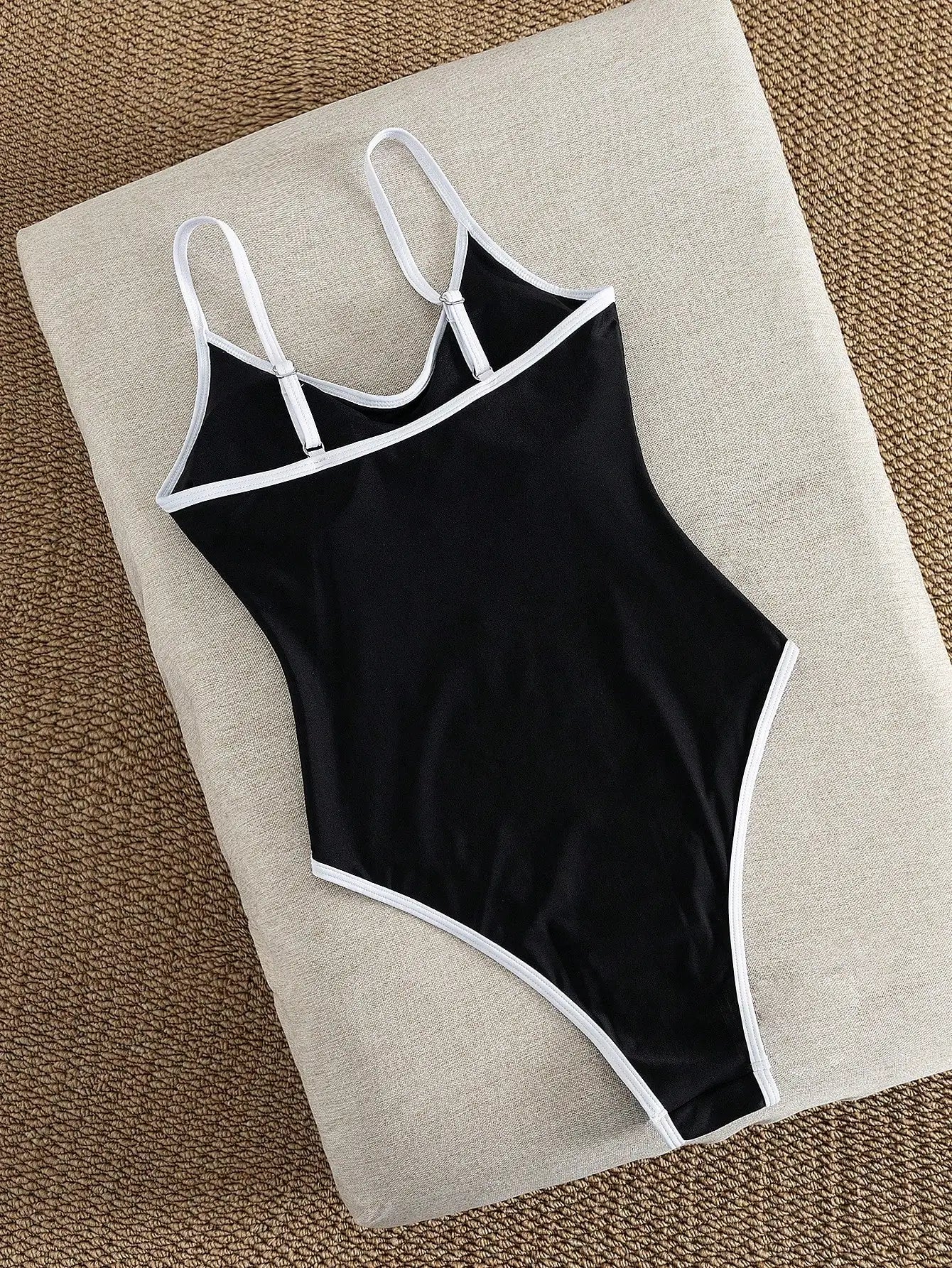 Women's Black One-Piece Swimsuit with White Trim, Low Back High Cut Cheeky Bathing Suit, Summer Beach Swimwear for Vacation