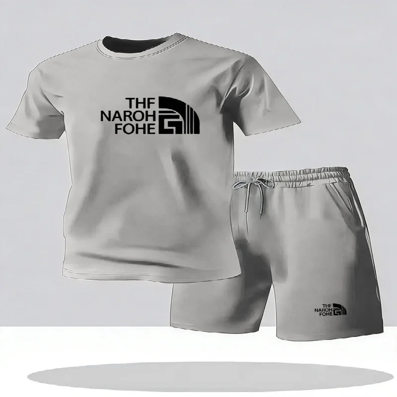 Completo estivo casual alla moda composto da t-shirt a maniche corte e pantaloncini, girocollo da uomo, completo sportivo traspirante a due pezzi a maniche corte