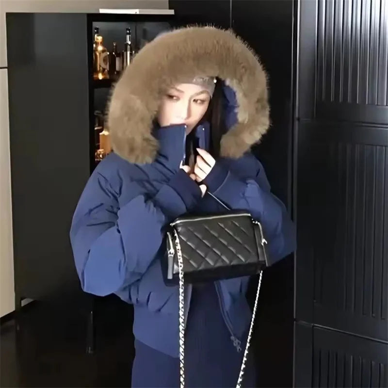Simple Solid Short Parka Coat Fashion Winter Clothes Zipper Hooded Fur Collar Cotton Padded Coat Women Jacket Street