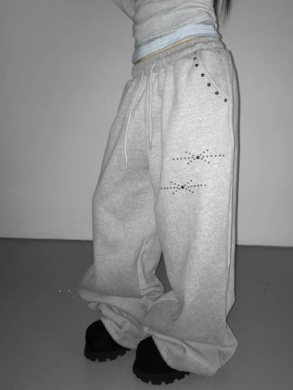 Black Gothic Casual Sweatpants American Hip-Hop Retro Rivets Loose Wide-Leg Pants For Women Korean Jogging High-Waist Streetwear