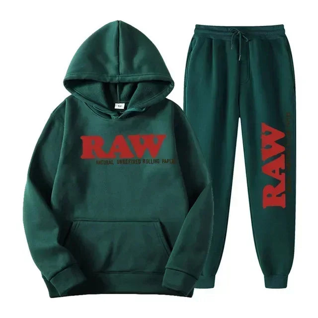 2025 Men's Set RAW Tracksuit men Running Hoodie Sweatpants Men's Set 2 piece set mens outfits  Autumn Winter warm sweatsuits