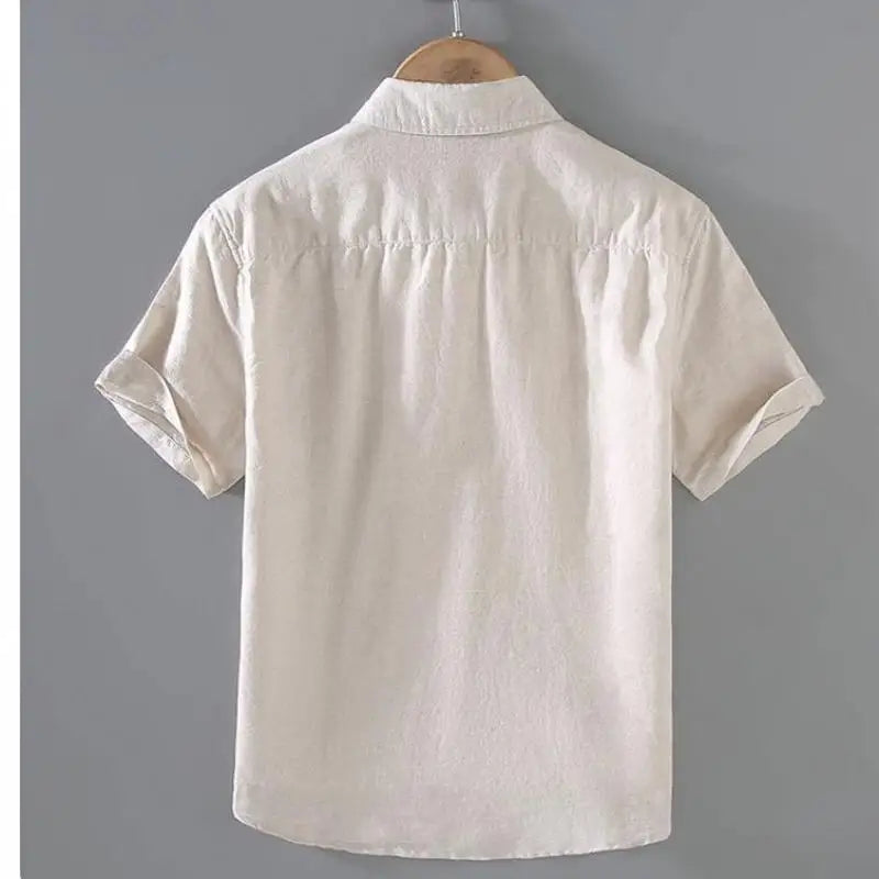Camicia da uomo in cotone e lino a maniche corte, estiva, stile streetwear, tinta unita, collo alto, casual, stile spiaggia, taglie forti dalla M alla 3XL
