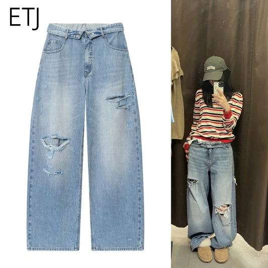 ETJ 2025 nuovi jeans da donna street fashion a vita media con risvolto, lavati e strappati, versione ampia dei pantaloni lunghi fino al pavimento