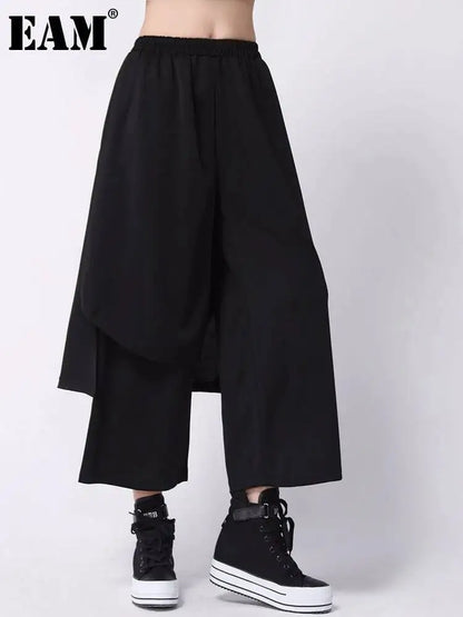 [EAM] High Elastic Waist Black Irregular Spliced Long Wide Leg Pants New Trousers Women Fashion Tide Spring Autumn 2026 1DJ1837