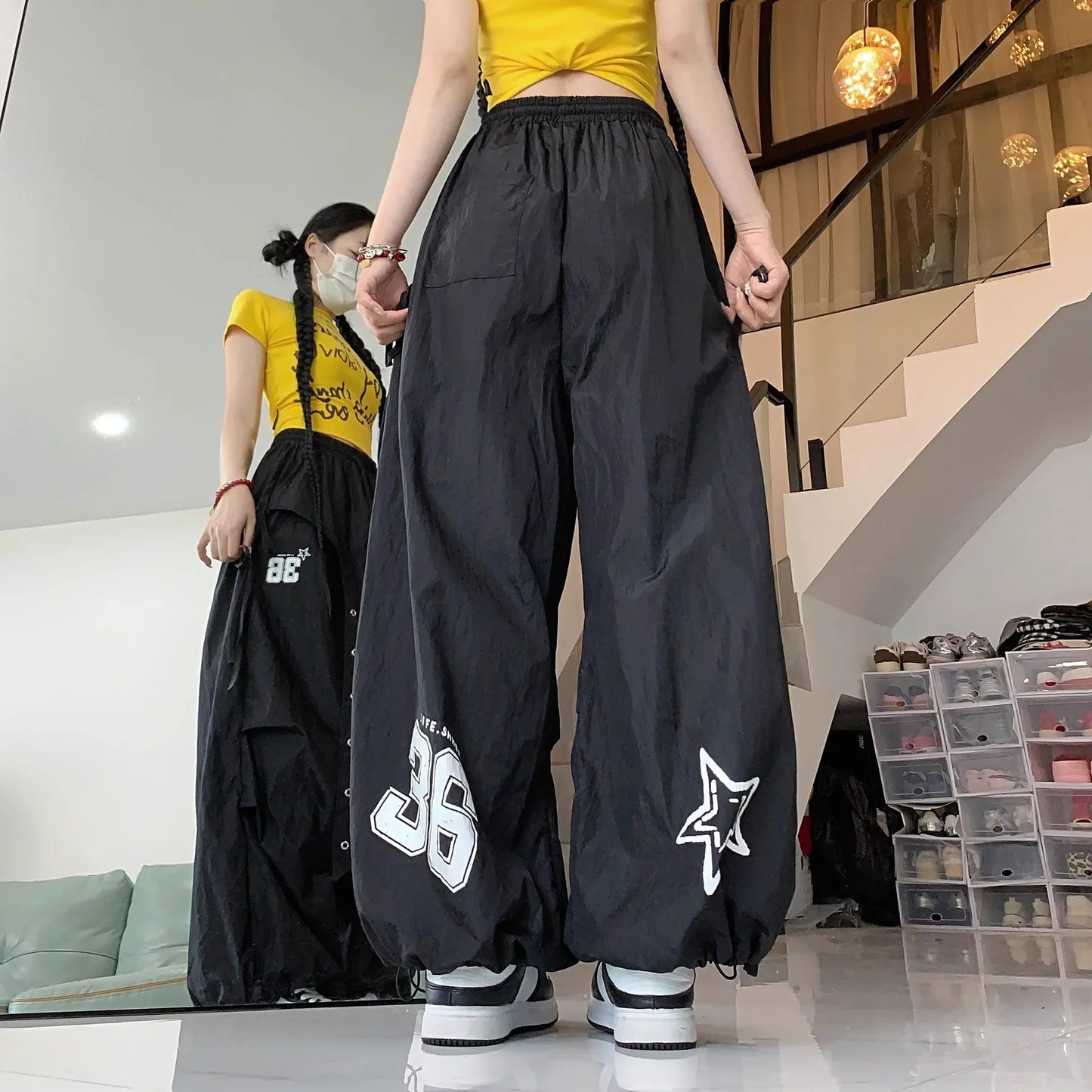 Pantaloni da lavoro casual ad asciugatura rapida in stile americano per street dance, da donna, estivi, hip hop, jazz, a gamba larga, sportivi, lunghi.