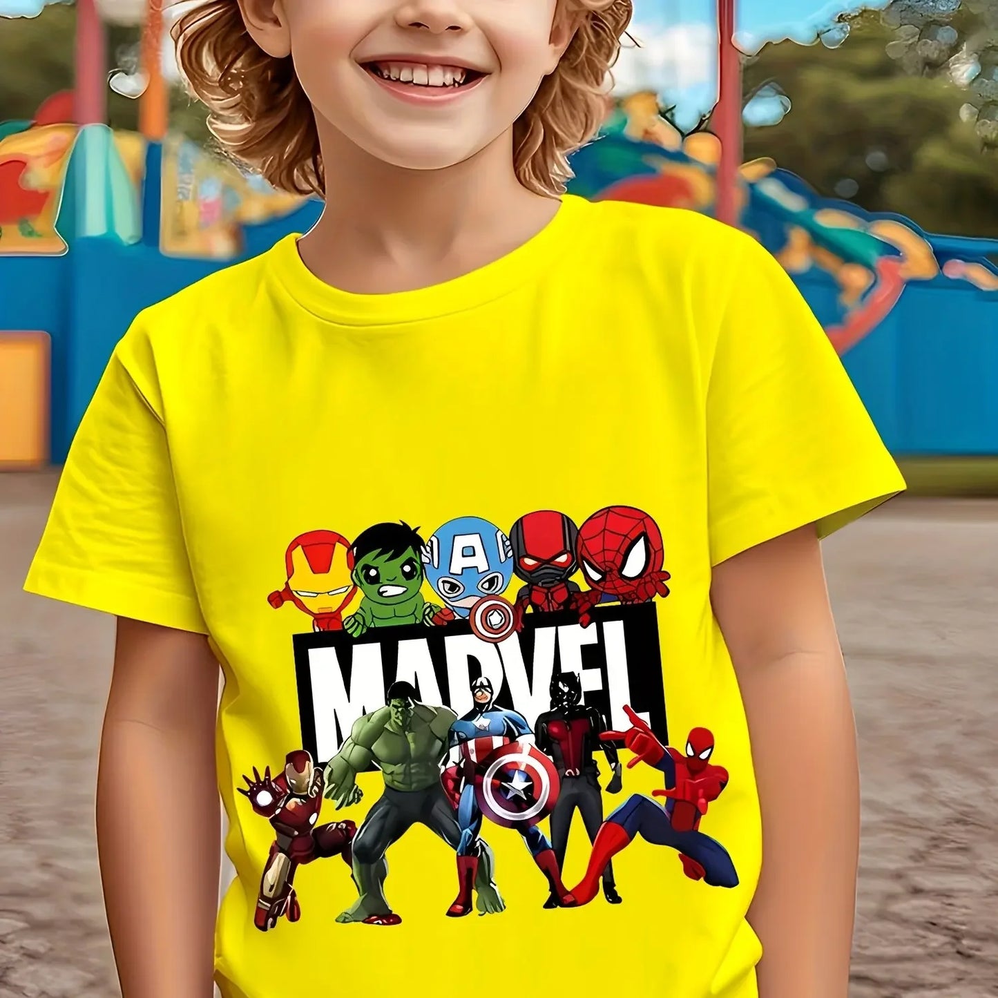 Maglietta Marvel Avengers per ragazzi dai 3 ai 12 anni, con stampe di diversi supereroi, in morbido cotone traspirante, ideale per l'estate 2026.