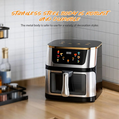 Friggitrice ad aria elettrica ad alta capacità visibile in acciaio inossidabile da 8 litri, forno ad aria multifunzione, touch screen a LED, alta temperatura a 210 °