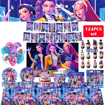 Kpop Demon Hunter Birthday Decoration Set Kpop Girl Cup Pate Happy Balloon Happy Banner Gift Bags Supplies for Kids Party Favors
