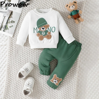 Completo invernale per neonati Prowow con maglione e pantaloni con orsetto ricamato e lettere, 2 pezzi. Set di abbigliamento carino per bambini.