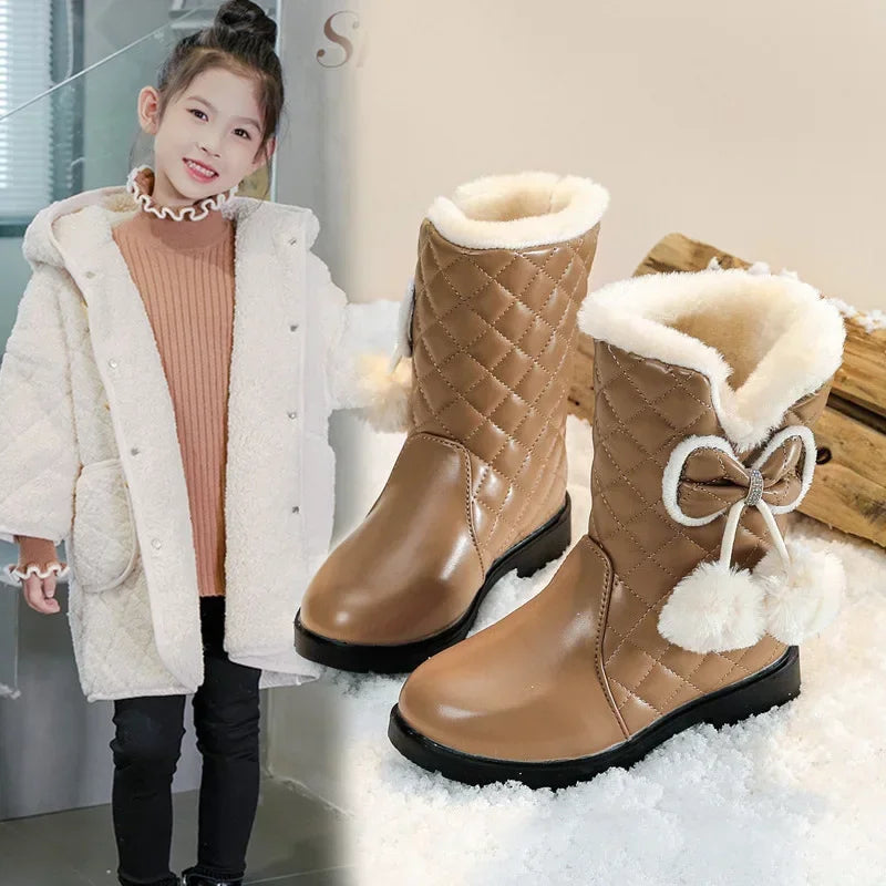 Stivali caldi da bambina con fiocco 2025, nuovi stivali da neve invernali per bambini con pelliccia, stivali da principessa alla moda per bambini, impermeabili con plateau