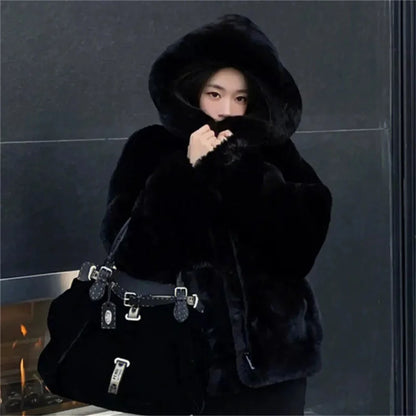 Korean Thickened Mink Velvet Coat Women Winter Clothes New Jacket Version Loose Imitation Rabbit Fur Plush Hooded Fur Coat