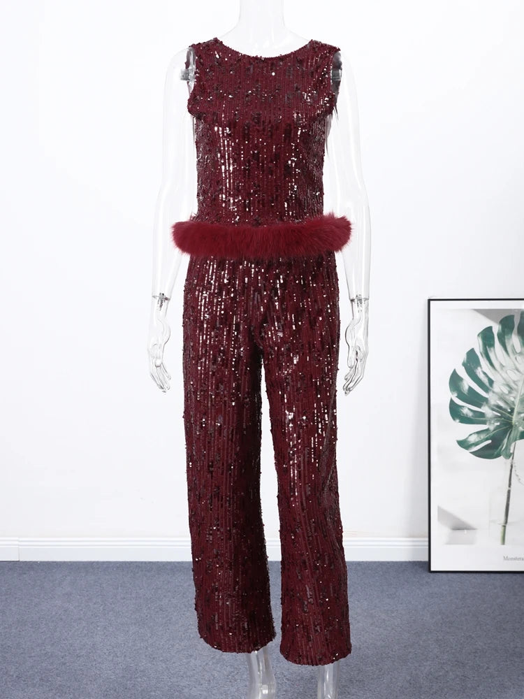 Completo da donna elegante con gilet, pantaloni lunghi, paillettes, patchwork, senza schienale, senza maniche, gamba larga, 2 pezzi