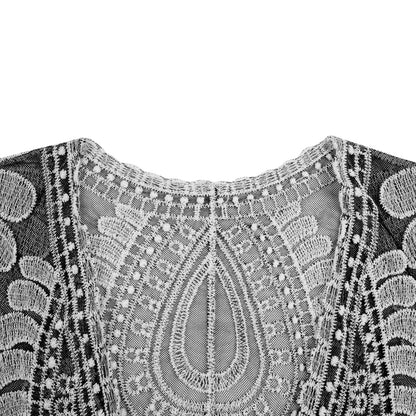 Women'S Long Lace Embroidered Sand Cardigan Black Swimsuit Cover  Half Sleeved Flower Crochet Cardigan Kimono Beach Cardigan