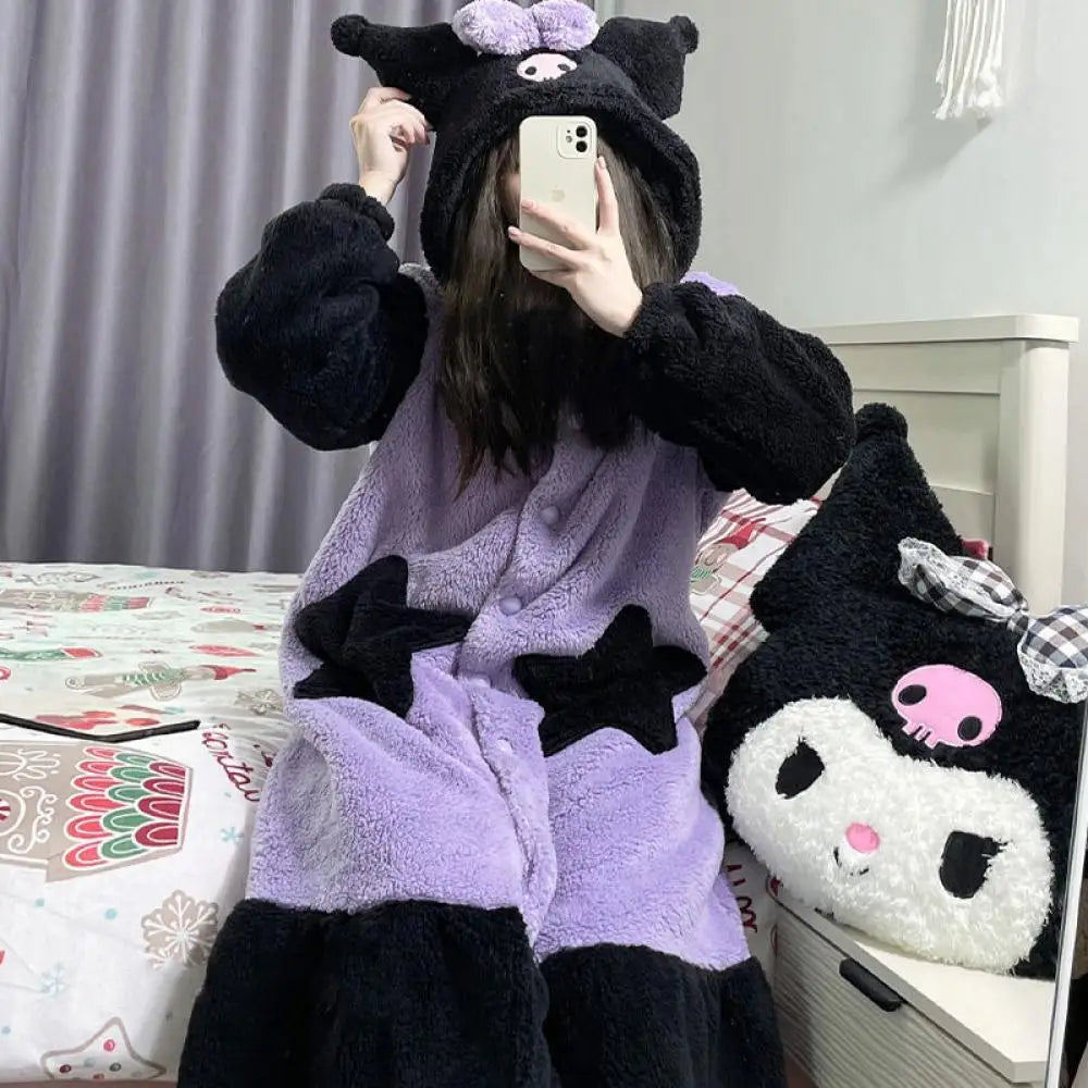 Plush Pajamas Night-Robe Suit Sanrioed Anime Kawaii Kuromi Coral Fleece Homewear Winter Long Style Thickened Nightgown Pants