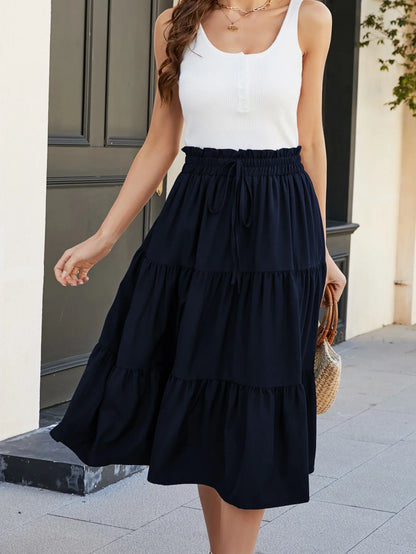 Women's High Waisted Solid Color Tiered Midi Skirt a Line Flared Half Skirt with Elastic Waist Perfect for Everyday Wear