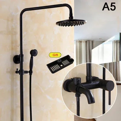 Bathroom Antique Black Painting Brass Lifting Column Wall Mount Shower Set 8" 3-Functions Hot Cold Rainfall Shower Mixer Tap