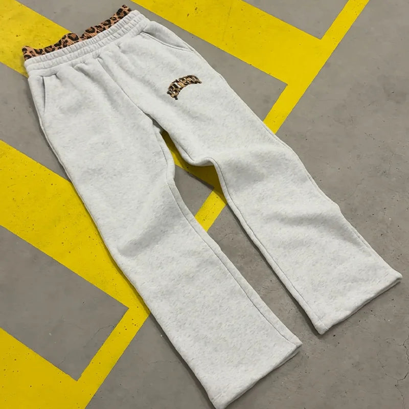 2025 New Tracksuit Men Clothing Y2K Vintage Embroidered Leopard Print Street Casual Hoodie Trendy Double Waist Unisex Sweatpants