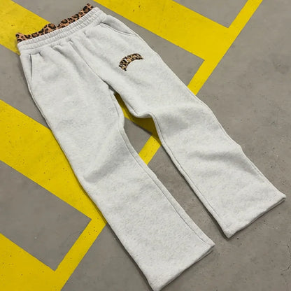 2025 New Tracksuit Men Clothing Y2K Vintage Embroidered Leopard Print Street Casual Hoodie Trendy Double Waist Unisex Sweatpants